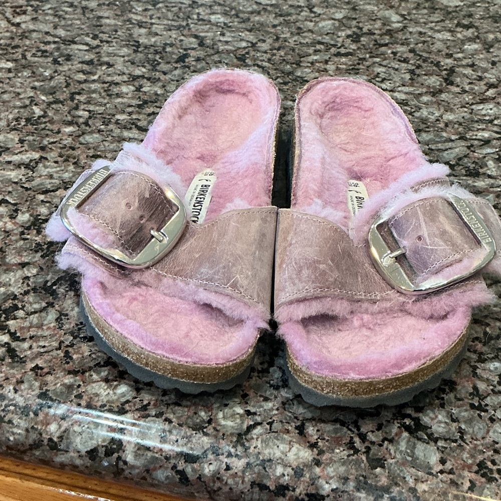 Birkenstock Pink Fuzzy Sandals with Metallic Buckle